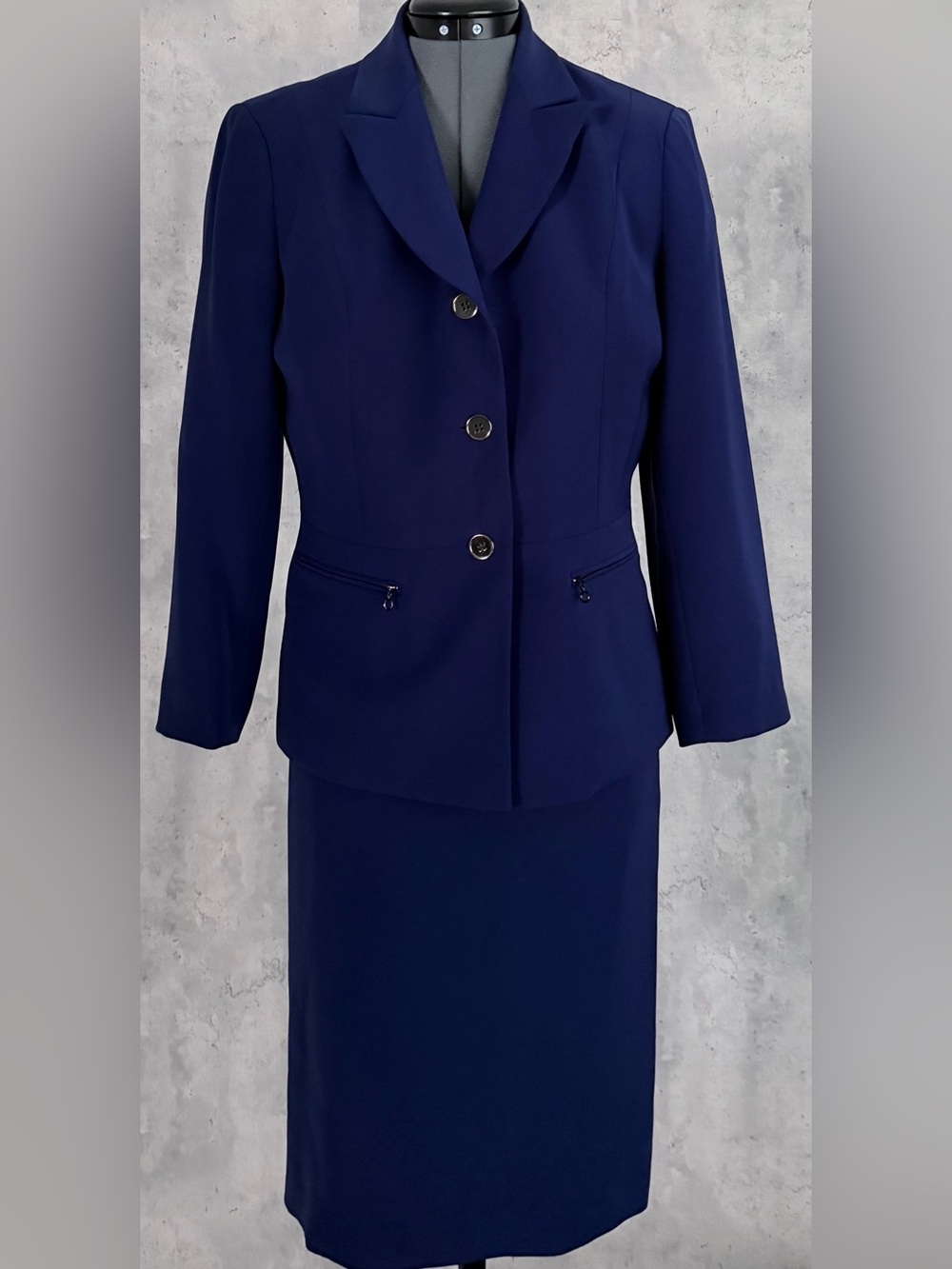 Kasper Petite 8P Royal Blue Skirt Suit Vintage 2 Pc Zipper Pocket Career Blazer